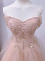 Pink Sweetheart Tulle Beaded Long Party Dress, Pink Tulle Corset Prom Dress Evening Dress outfit, Formal Dress Styles