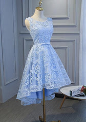 Light Blue High Low Corset Homecoming Dresses, Blue Party Dress With Belt Cute Corset Formal Dresse outfit, Lace Dress