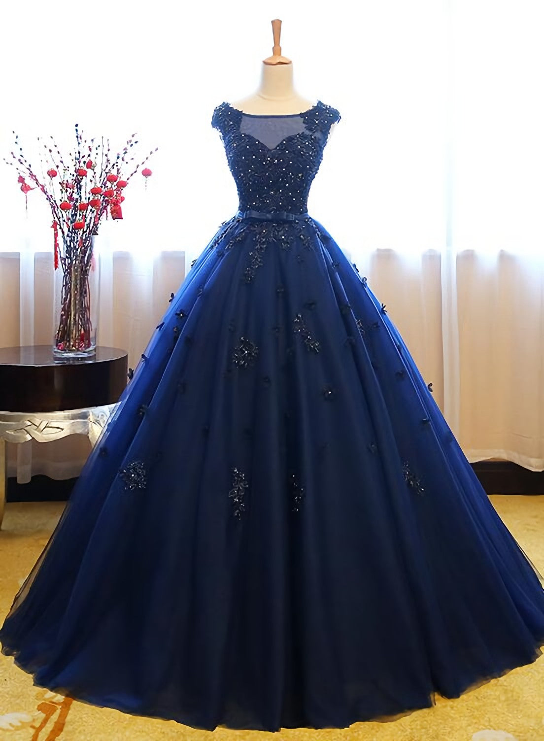 Navy Blue Tulle Cap Sleeves Quinceanera Dresses, Blue Beaded Corset Ball Gown Party Dress Outfits, Homecoming