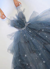 Blue Shiny Tulle Layers Straps Beaded Long Corset Prom Dress, A Line Chic Evening Dress outfit, Formal Dress Attire