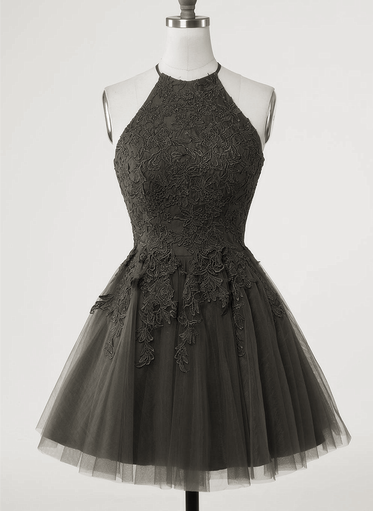 Black Halter Tulle With Lace Short Party Dress, Black Tulle Corset Homecoming Dress outfit, Black Formal Dress