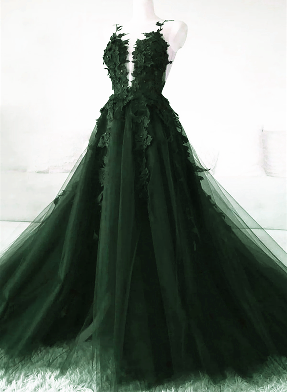 Green A-Line Tulle With Lace Low Back Corset Prom Dress, Green Tulle Evening Dress Party Dress Outfits, Black Tie Dress
