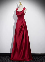 A-Line Sleeveless Wine Red Satin Evening Dress, Wine Red Long Corset Prom Dress outfits, Dinner Dress Classy