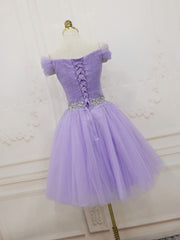 Purple Off Shoulder Tulle Sequin Corset Prom Dress, Purple Corset Homecoming Dress outfit, Homecomming Dresses Fitted