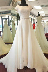 Delicate Round Neck Short Sleeves Sweep Train Lace Appliques Corset Wedding Dresses outfit, Wedding Dresses Simple Lace