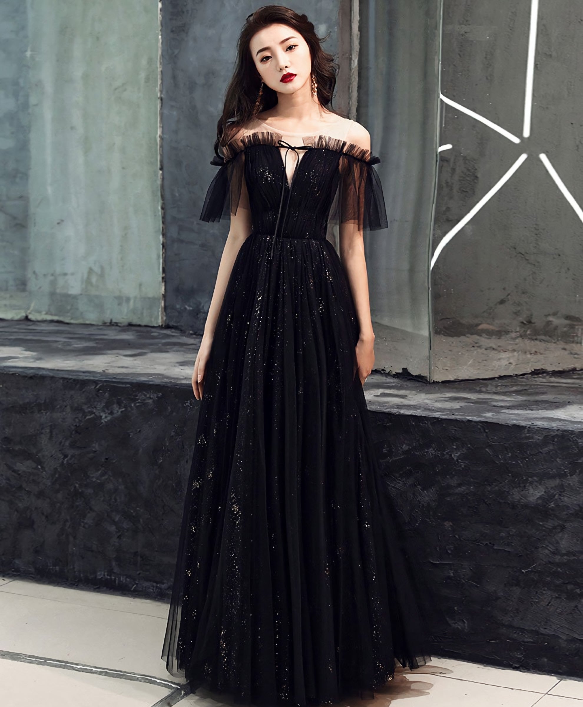 Black Tulle Off Shoulder Long Corset Prom Dress, Black Corset Formal Dress outfit, Homecoming Dresses