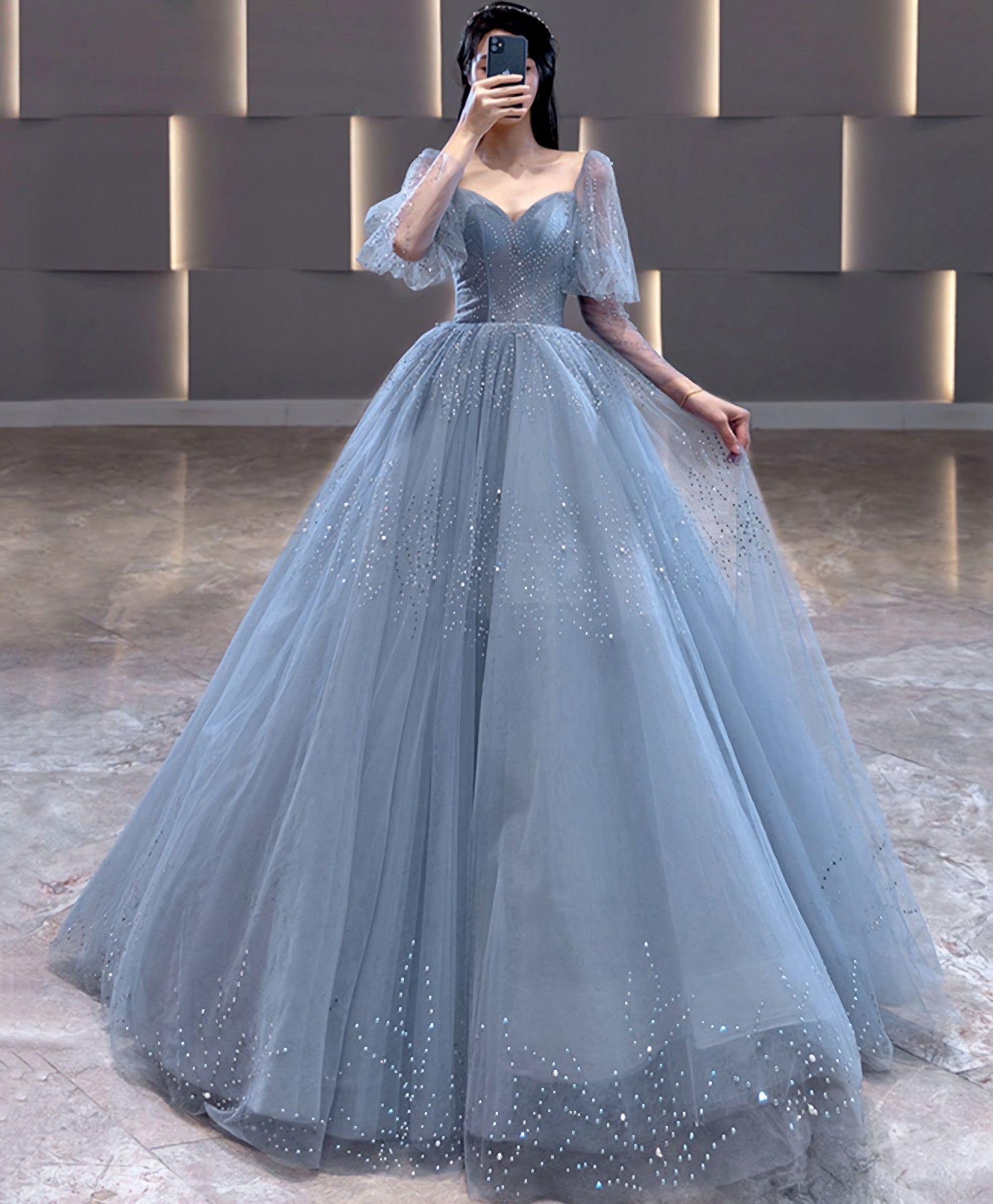 Blue V Neck Tulle Sequin Long Corset Prom Dress, Blue Tulle Corset Formal Dress, 1 Gowns, Prom Dress Vintage