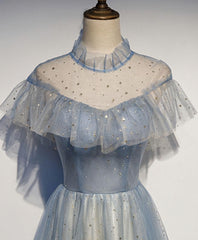 Light Blue Tulle Lace Long Corset Prom Dress, Tulle Evening Dress outfit, Evening Dresses Gold