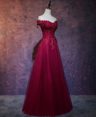 Burgundy Tulle Lace Off Shoulder Long Corset Prom Dress, Burgundy Lace Evening Dress outfit, Formal Dresses Wedding