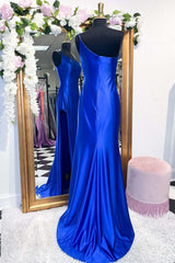 One-Shoulder Royal Blue Mermaid Long Dress with Slit Gowns, Prom Dress Long Blue