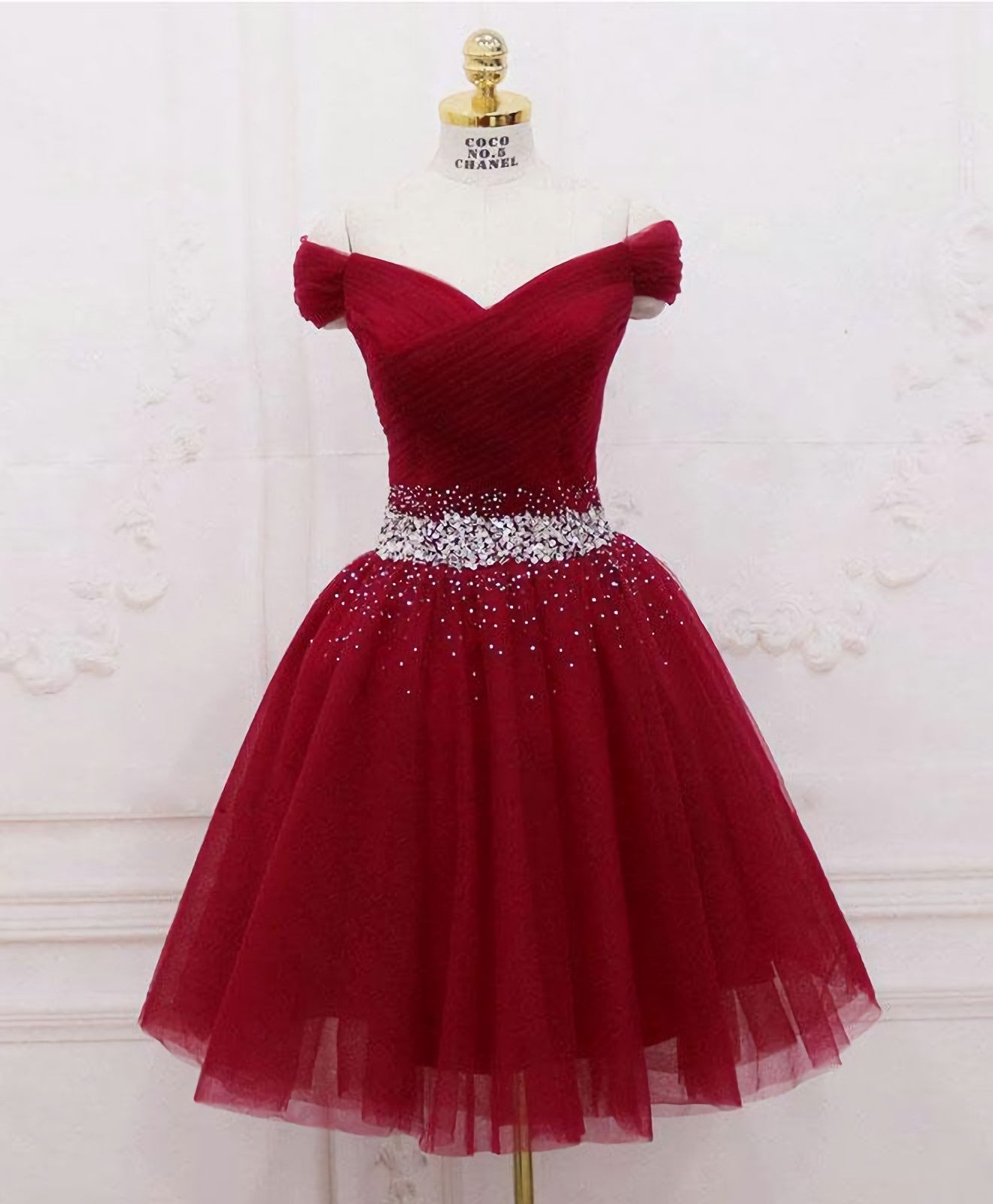 Burgundy Tulle Sequin Short Corset Prom Dress, Burgundy Corset Homecoming Dress, 1 Gowns, Formal Dressed Long