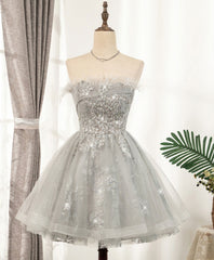 Gray Sweetheart Lace Tulle Short Corset Prom Dress, Gray Cocktail Dress outfit, Evening Dress Formal