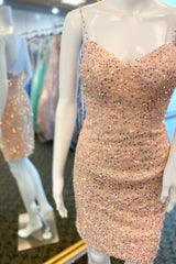 Pink Sequin Bodycon Corset Homecoming Dress with Straps Gowns, Bridesmaid Dress Websites