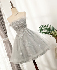 Gray Sweetheart Lace Tulle Short Corset Prom Dress, Gray Cocktail Dress outfit, Evening Dresses Online Shop