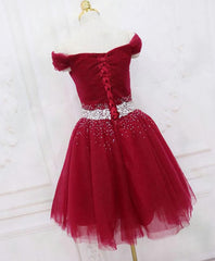 Burgundy Tulle Sequin Short Corset Prom Dress, Burgundy Corset Homecoming Dress, 1 Gowns, Formal Dress Long