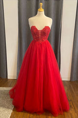 Red Lace Tulle Sweetheart A-Line Corset Prom Dress outfits, Bridesmaid Dress Floral