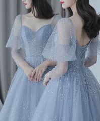 Blue V Neck Tulle Sequin Long Corset Prom Dress, Blue Tulle Corset Formal Dress, 1 Gowns, Prom Dress Prom Dresses