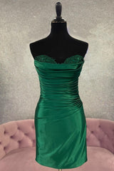 Hunter Green Strapless Beaded Pleated Sheath Corset Homecoming Dress outfit, Long Formal Dress