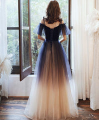 Blue Sweetheart Tulle Off Shoulder Long Corset Prom Dress, Blue Evening Dress outfit, Prom Dresses Gowns