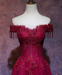 Burgundy Tulle Lace Off Shoulder Long Corset Prom Dress, Burgundy Lace Evening Dress outfit, Formal Dress Website