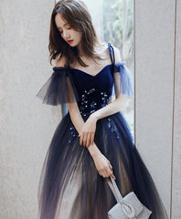 Blue Sweetheart Tulle Off Shoulder Long Corset Prom Dress, Blue Evening Dress outfit, Prom Dresses For Short Girls
