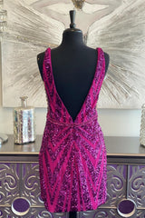 Fuchsia Plunging V Neck Sequins-Embroidery Sheath Corset Homecoming Dress outfit, Formal Dress Outfits