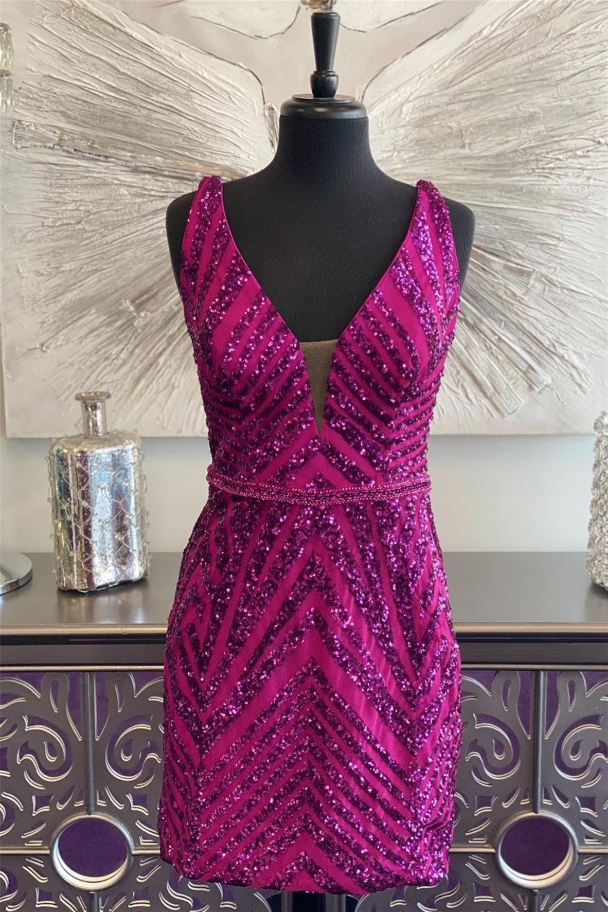 Fuchsia Plunging V Neck Sequins-Embroidery Sheath Corset Homecoming Dress outfit, Formal Dresses For Weddings