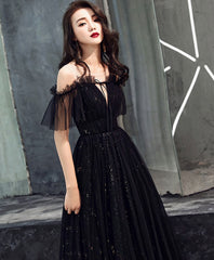 Black Tulle Off Shoulder Long Corset Prom Dress, Black Corset Formal Dress outfit, Sundress