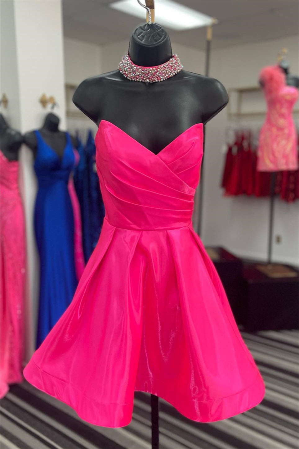 Fuchsia Strapless Surplice A-line Satin Corset Homecoming Dress outfit, Formal Dresses Black