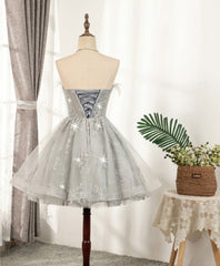 Gray Sweetheart Lace Tulle Short Corset Prom Dress, Gray Cocktail Dress outfit, Evening Dresses With Sleeves