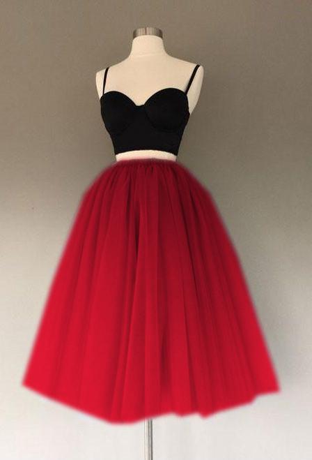 Red And Black Two Pieces Tulle Sweetheart Spaghetti Straps Short Corset Prom Dresses outfit, Bridesmaid Dresses Color Scheme
