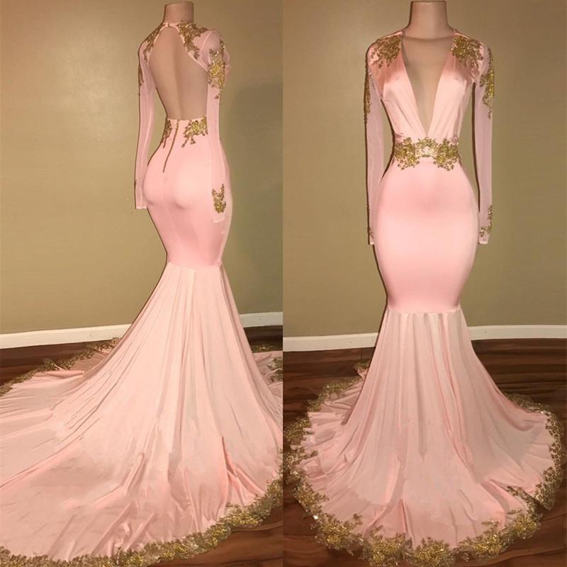 Long Sleeves Blushing Pink Deep V Neck Mermaid Backless With Gold Appliques Corset Prom Dresses outfit, Bridesmaids Dresses Color Schemes