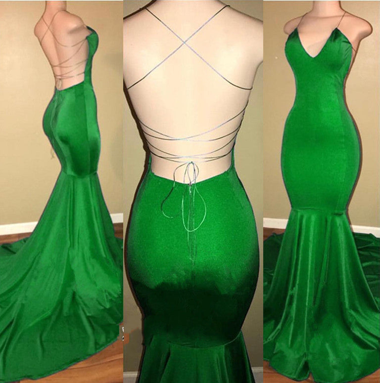Sexy Mermaid Green Backless Criss Cross V Neck Elastic Satin Corset Prom Dresses outfit, Bridesmaid Dress Floral