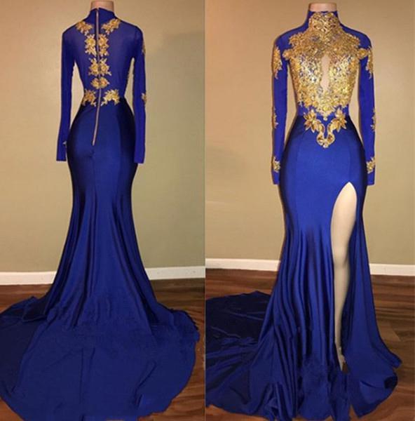 Charming African Royal Blue Side Slit Sheath Long Sleeves Corset Prom Dresses outfit, Bridesmaid Dress Inspo