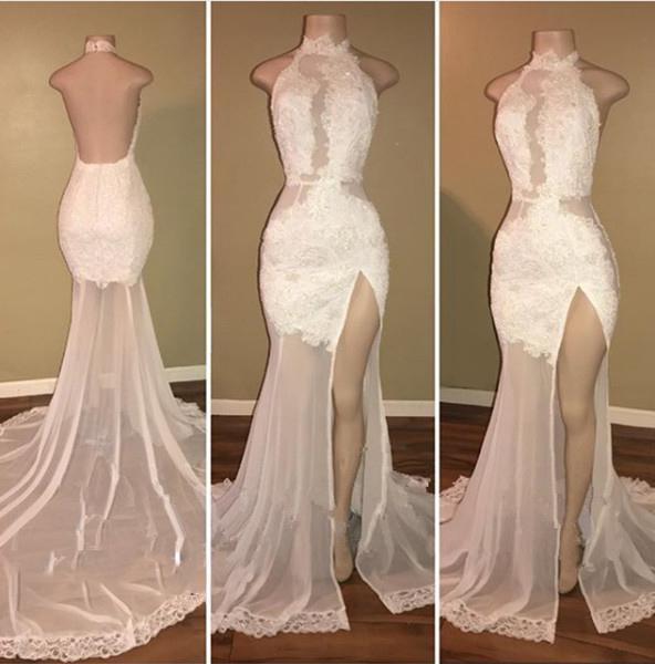 New Arrival Sheath White High Neck Side Slit Lace Backless See Through African Corset Prom Dresses outfit, Bridesmaid Dresses Color Schemes