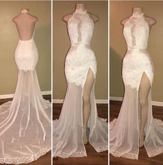 New Arrival Sheath White High Neck Side Slit Lace Backless See Through African Corset Prom Dresses outfit, Bridesmaid Dresses Color Schemes