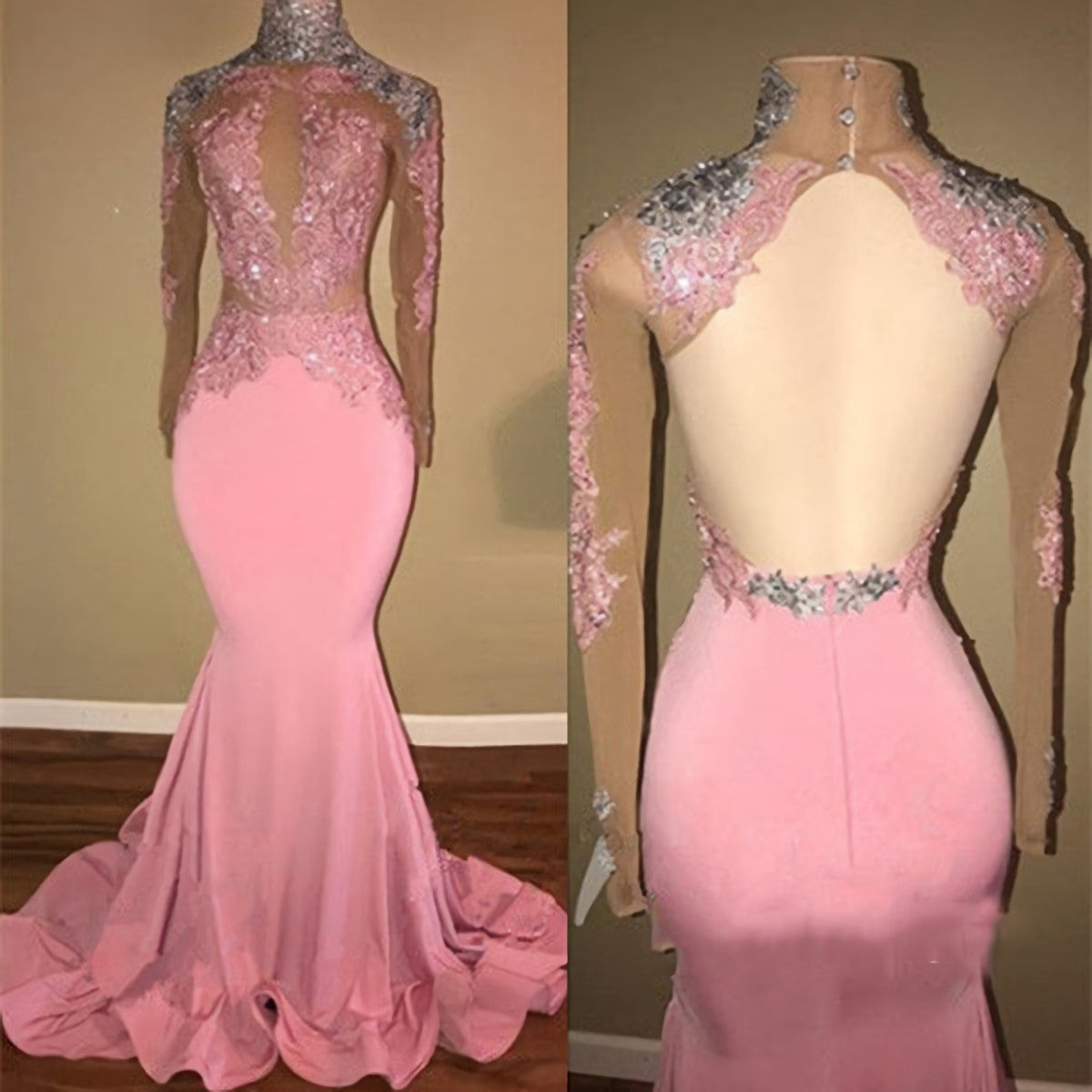 Mermaid Backless Long Sleeves Pink See Through African Long Corset Prom Dresses outfit, Formal Dress For Weddings