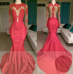 2024 Red Mermaid See Through Long Sleeves Satin Appliques Long Corset Prom Dresses outfit, Bridesmaid Dress Online