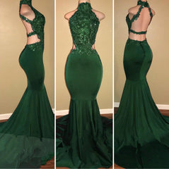 Sexy High Neck Green Backless Mermaid Elastic Satin Appliques Long African Corset Prom Dresses outfit, Summer Wedding Color