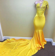 Charming One Shoulder Yellow See Through Mermaid Long Corset Prom Dresses outfit, Bridesmaids Dresses Near Me