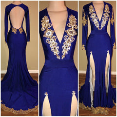 Amazing Royal Blue Sheath Slit Deep V Neck With Gold Beaded Backless Long Sleeves Long Corset Prom Dresses outfit, Formal Dresses Outfit Ideas