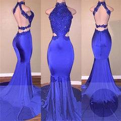 Sexy Mermaid Royal Blue Backless With Appliques High Neck Long Corset Prom Dresses outfit, Bridesmaid Dresses Mismatching