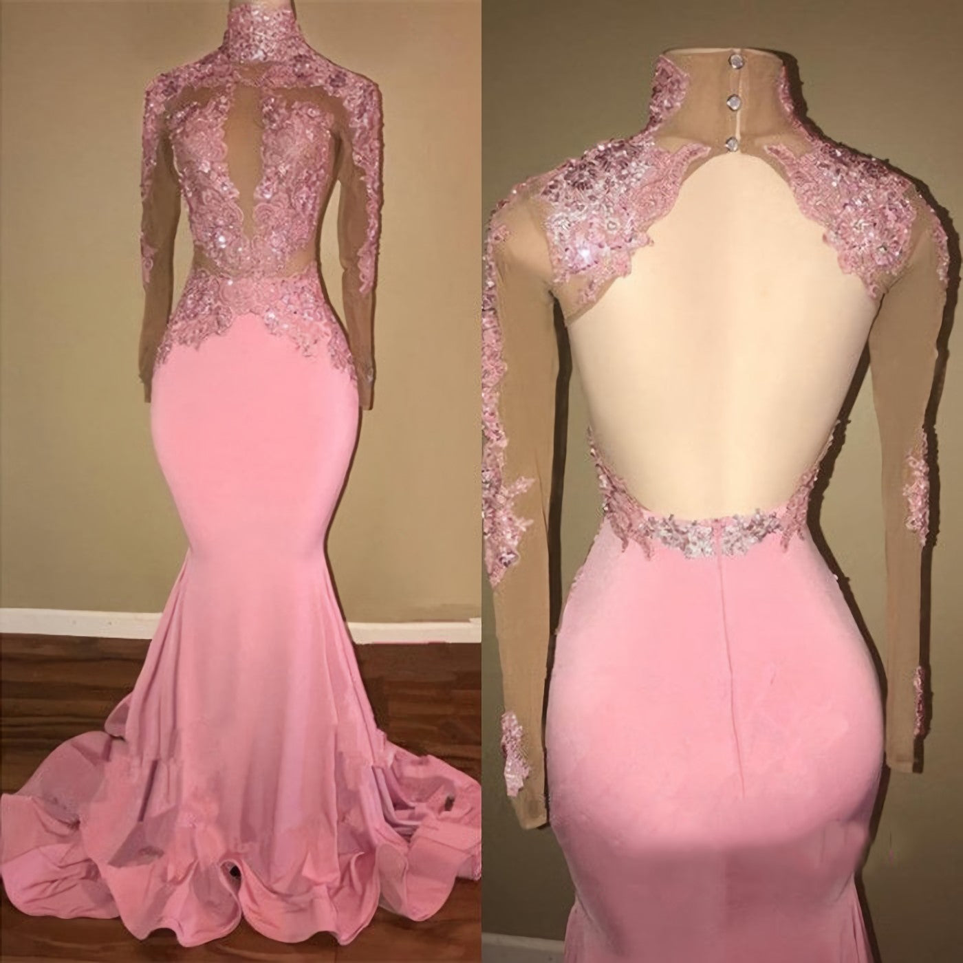 Alluring Pink Mermaid Long Sleeves Backless Elastic Satin Open Front High Neck Corset Prom Dresses 2024 outfit, Prom Dresses Sleeves