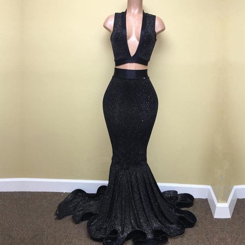 Sexy Mermaid Black V Neck Two Pieces Sequence Long Corset Prom Dresses outfit, Bridesmaid Dress Mismatched