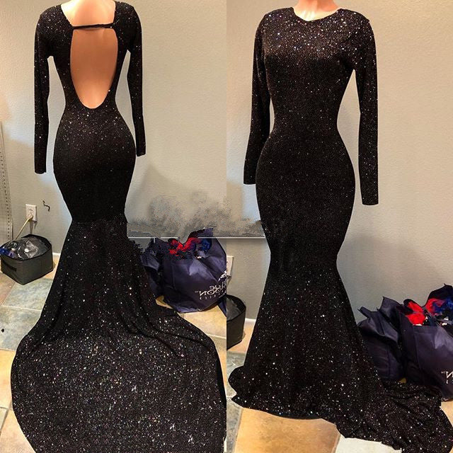 Shiny Black Mermaid Long Sleeves Round Neck Backless Long Sequence Corset Prom Dresses outfit, Wedding Photography