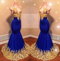 Amazing Royal Blue Mermaid With Gold Appliques Sweetheart Spaghetti Straps Backless Corset Prom Dresses outfit, Bridesmaids Dress Modest