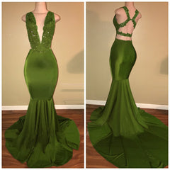 Green Mermaid Deep V Neck Criss Cross Backless Long Corset Prom Dresses outfit, Formal Dresses Online