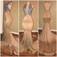 Champagne With Silver Appliques Mermaid Deep V Open Front Backless Long Corset Prom Dresses outfit, Formal Dress Websites