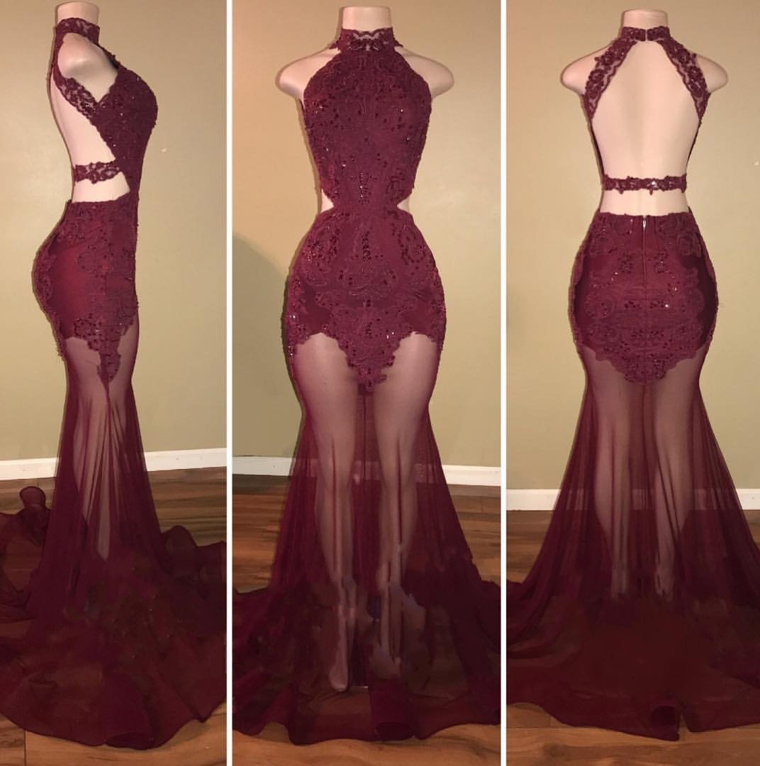 Burgundy Mermaid See Through Backless Tulle African Corset Prom Dresses outfit, Bridesmaid Dresses Different Styles