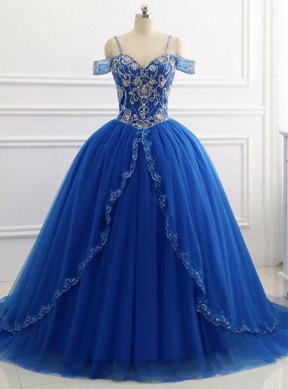Elegant Off Shoulder Tulle Royal Blue Beaded Sweetheart Corset Ball Gown Corset Prom Dresses outfit, Small Wedding Ideas